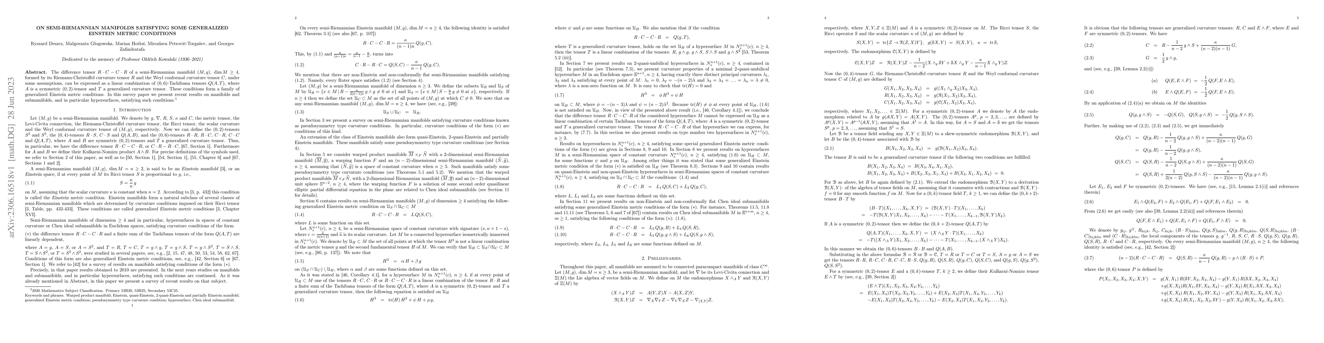Thumbnail for On semi-Riemannian manifolds satisfying some generalized Einstein metric
  conditions