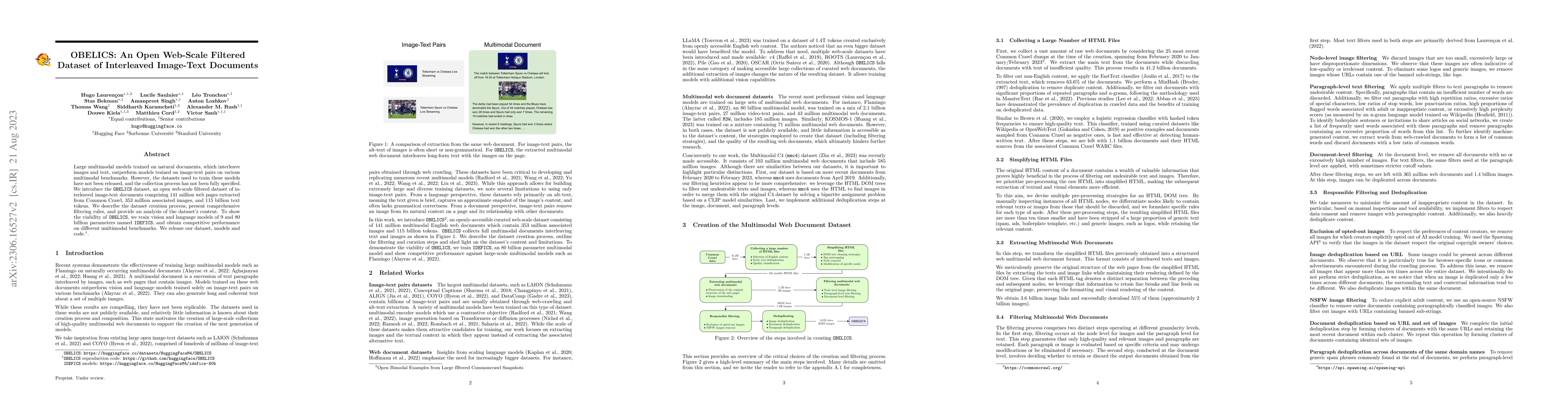 Thumbnail for OBELICS: An Open Web-Scale Filtered Dataset of Interleaved Image-Text
  Documents