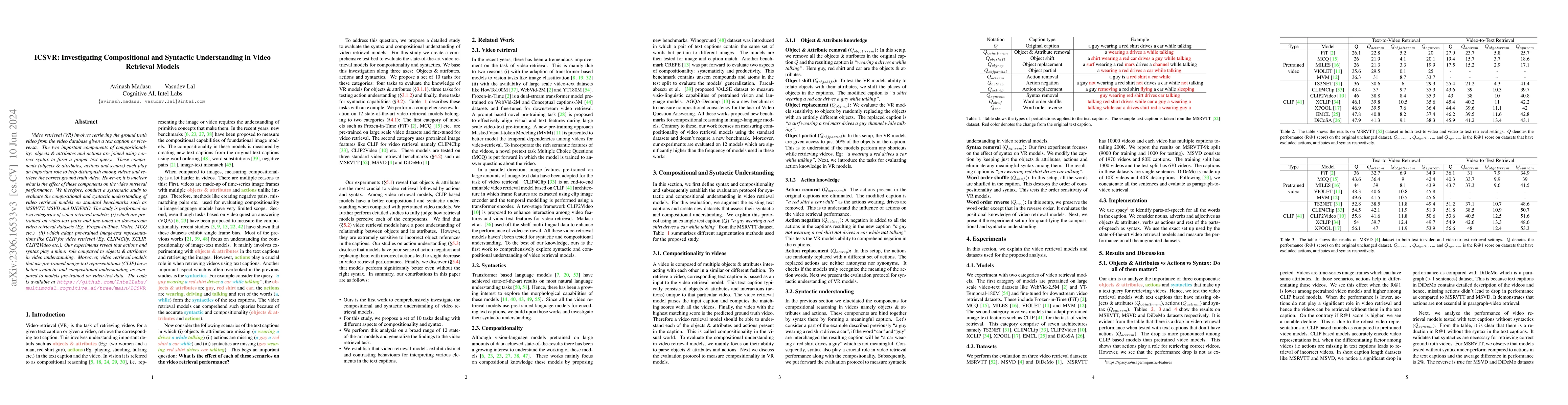 Thumbnail for ICSVR: Investigating Compositional and Syntactic Understanding in Video
  Retrieval Models