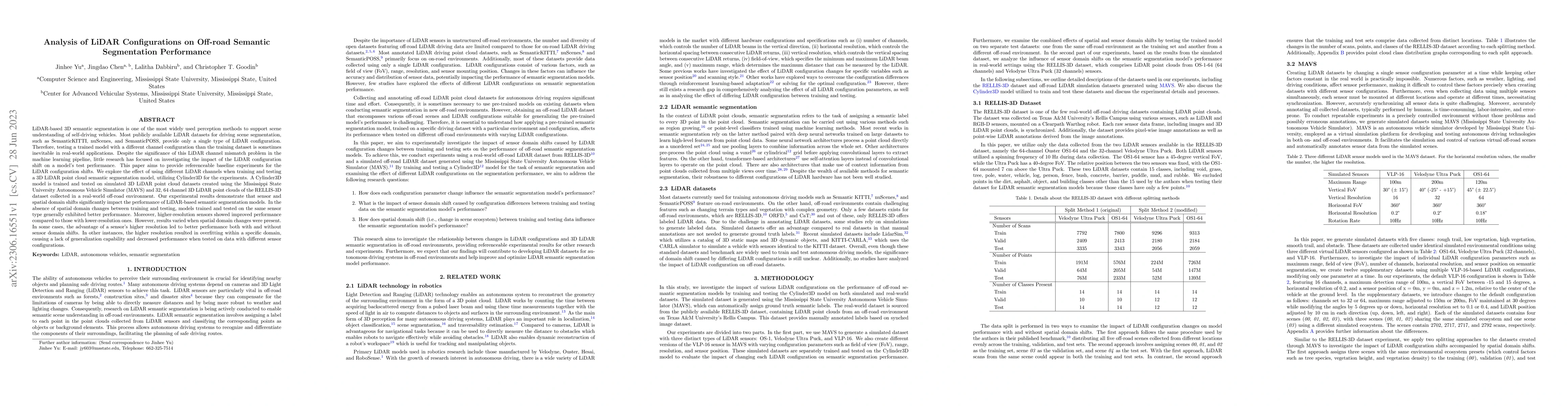 Thumbnail for Analysis of LiDAR Configurations on Off-road Semantic Segmentation
  Performance