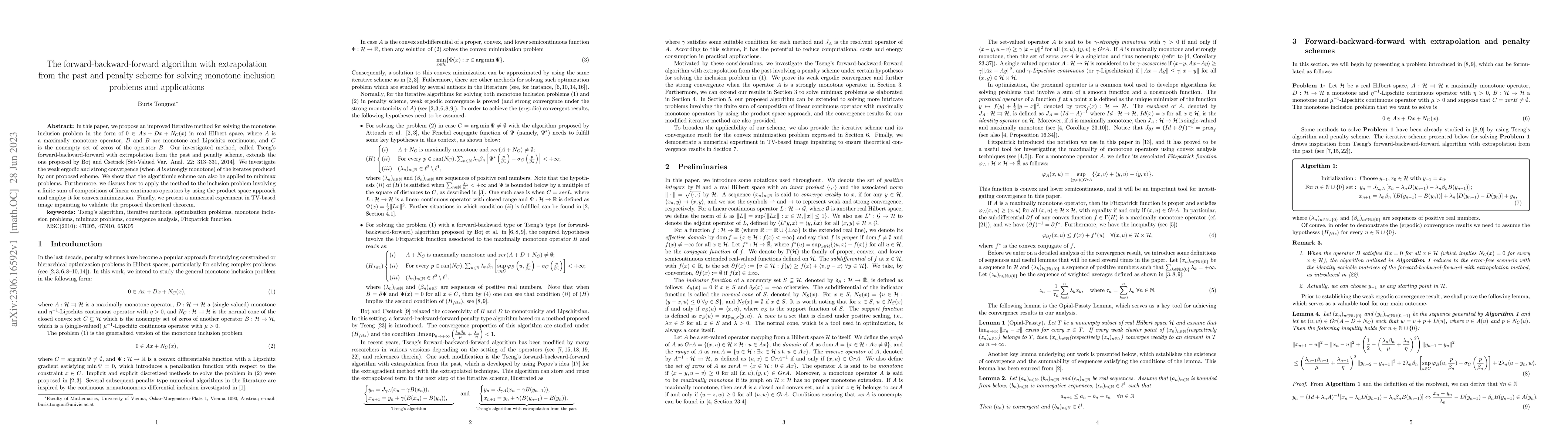 Thumbnail for The forward-backward-forward algorithm with extrapolation from the past
  and penalty scheme for solving monotone inclusion problems and applications