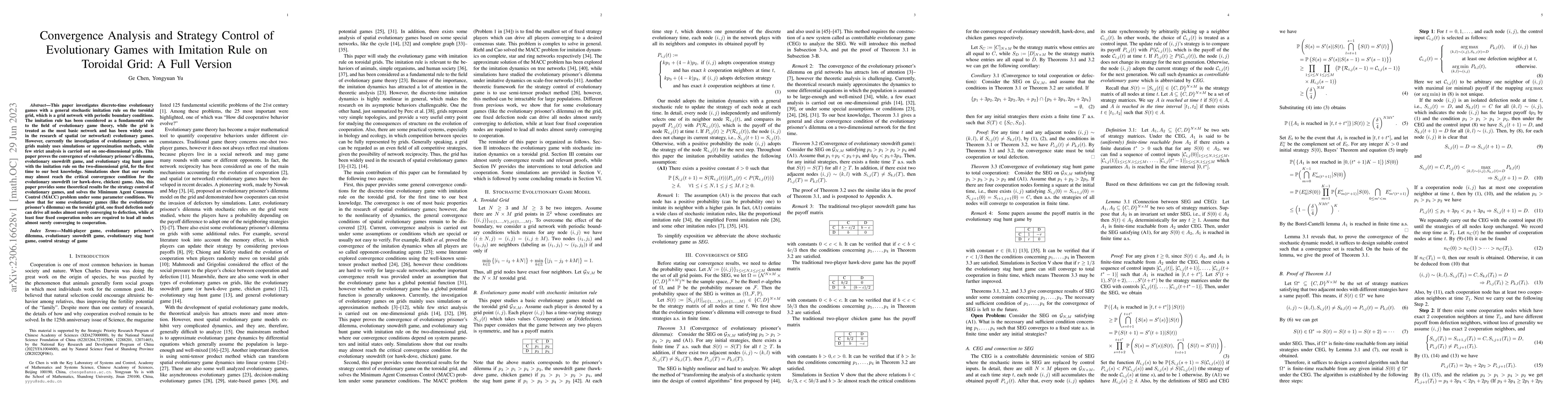 Thumbnail for Convergence Analysis and Strategy Control of Evolutionary Games with
  Imitation Rule on Toroidal Grid: A Full Version