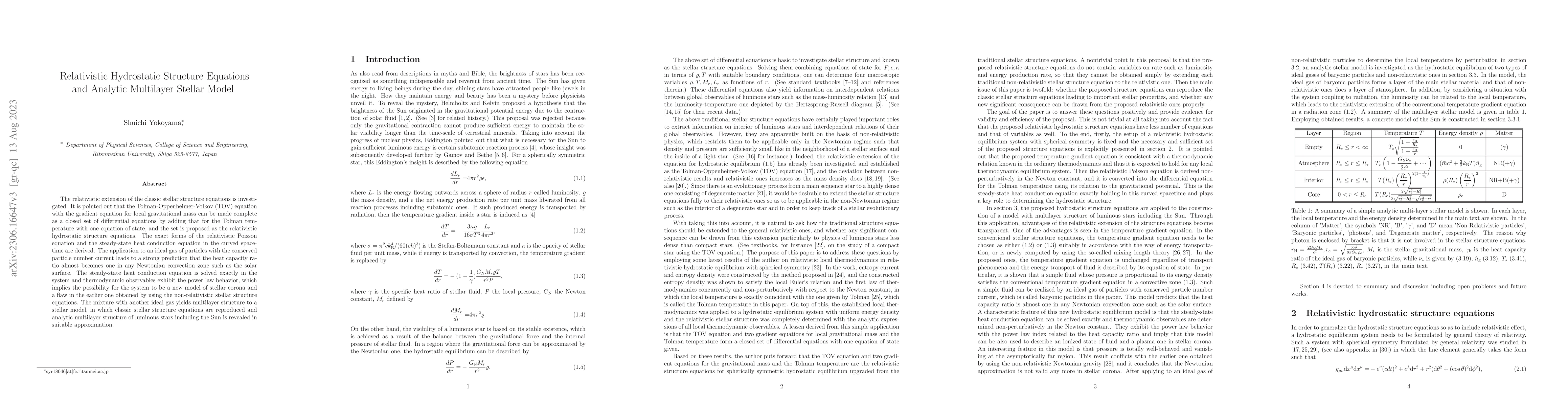Thumbnail for Relativistic Hydrostatic Structure Equations and Analytic Multilayer
  Stellar Model