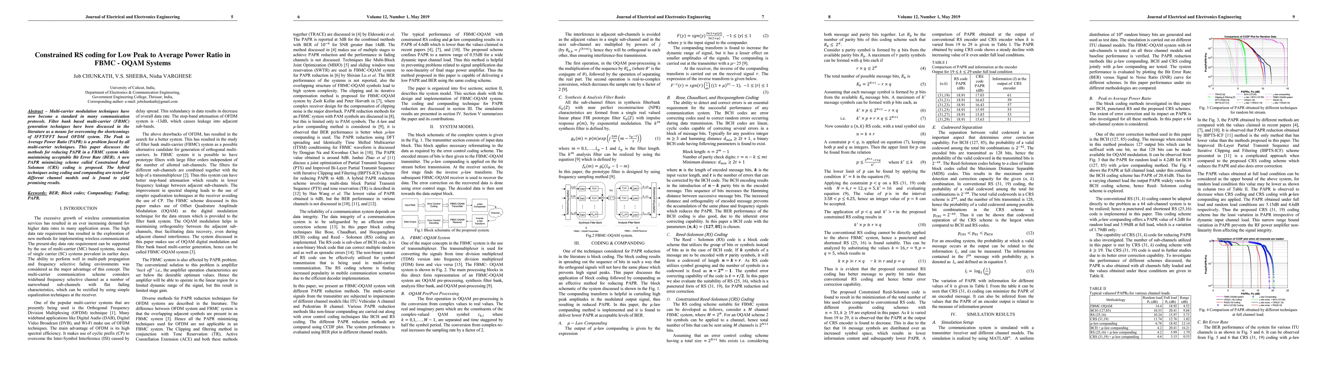 Thumbnail for Constrained RS coding for Low Peak to Average Power Ratio in FBMC --
  OQAM Systems