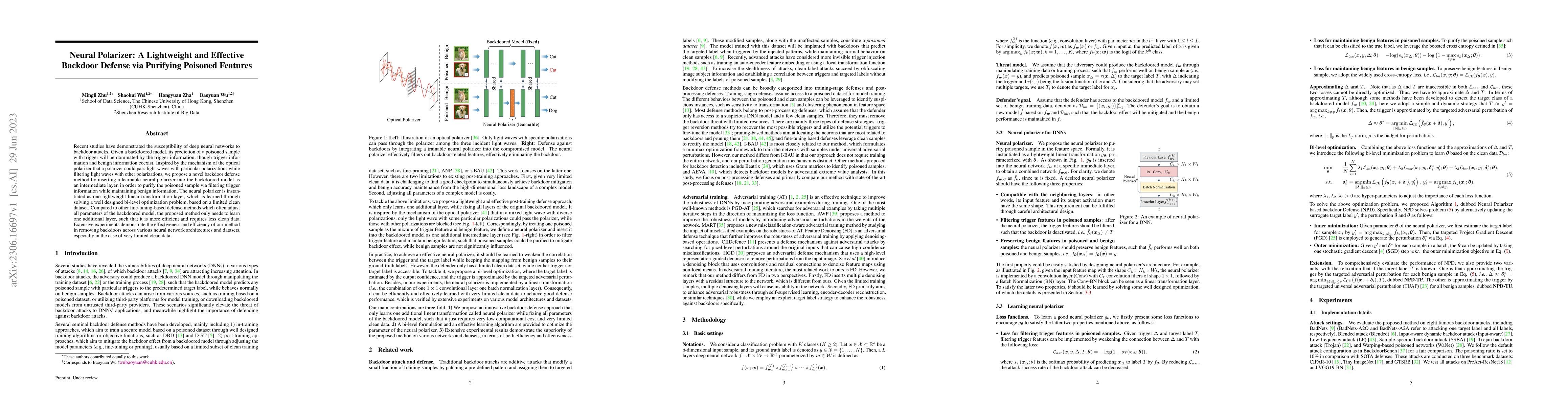 Thumbnail for Neural Polarizer: A Lightweight and Effective Backdoor Defense via
  Purifying Poisoned Features