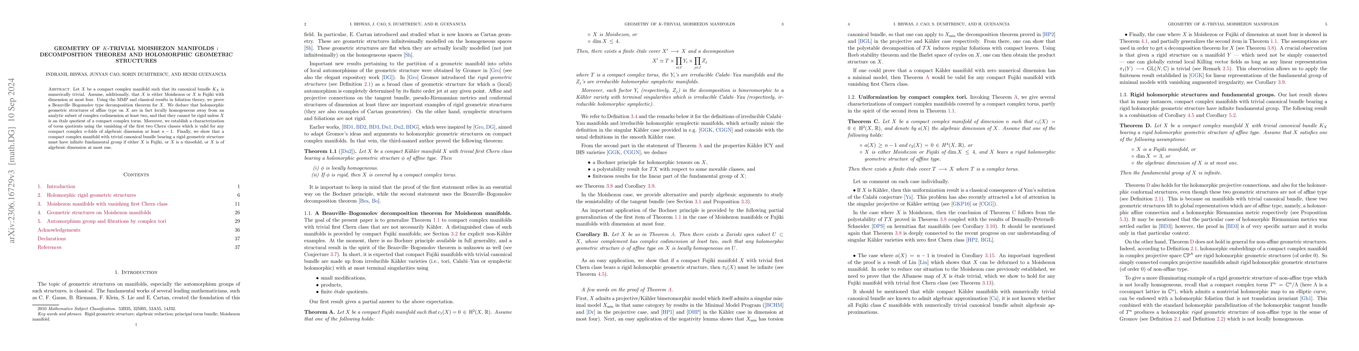 Thumbnail for Geometry of $K$-trivial Moishezon manifolds : decomposition theorem and
  holomorphic geometric structures