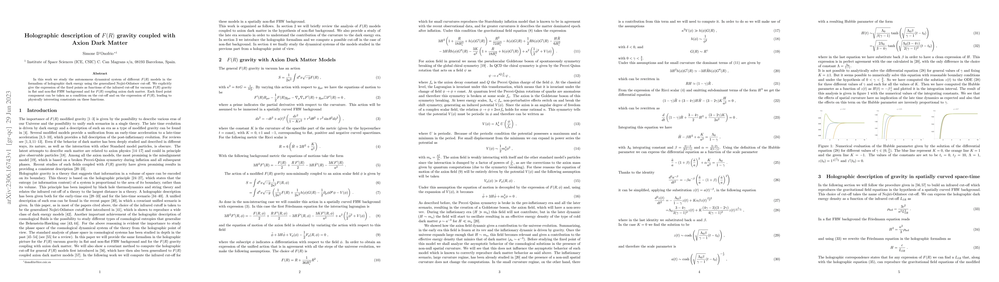 Thumbnail for Holographic description of $F(R)$ gravity coupled with Axion Dark Matter