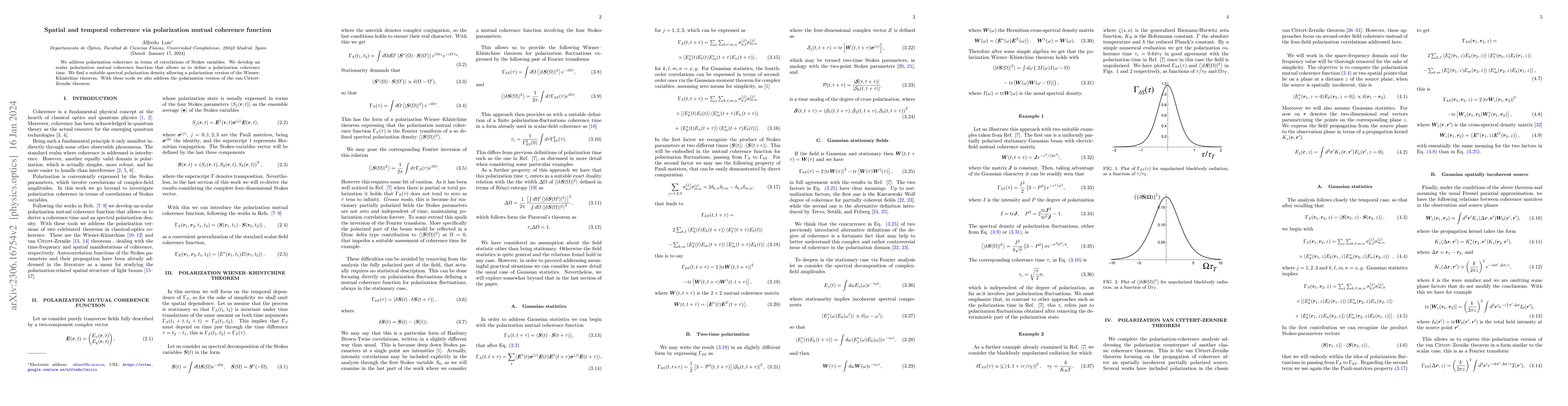 Thumbnail for Spatial and temporal coherence via polarization mutual coherence
  function