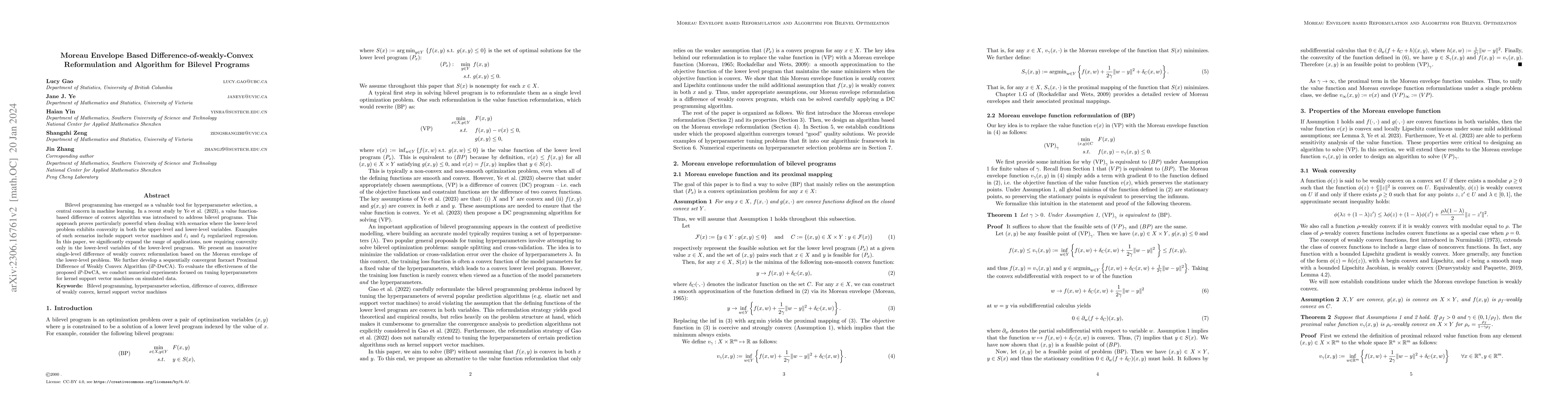 Thumbnail for Moreau Envelope Based Difference-of-weakly-Convex Reformulation and
  Algorithm for Bilevel Programs