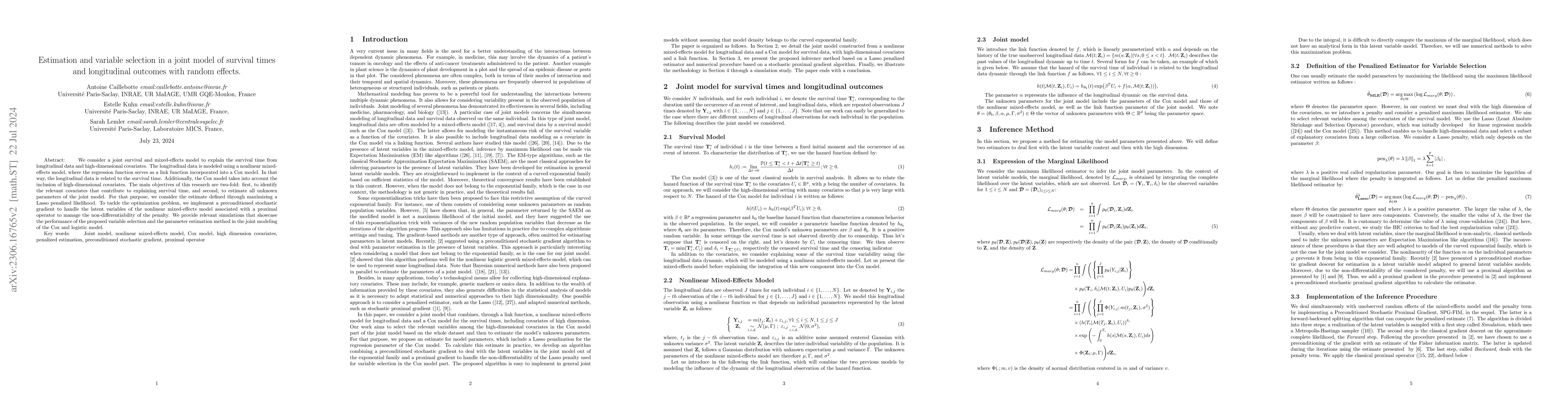 Thumbnail for Estimation and variable selection in a joint model of survival times and
  longitudinal outcomes with random effects