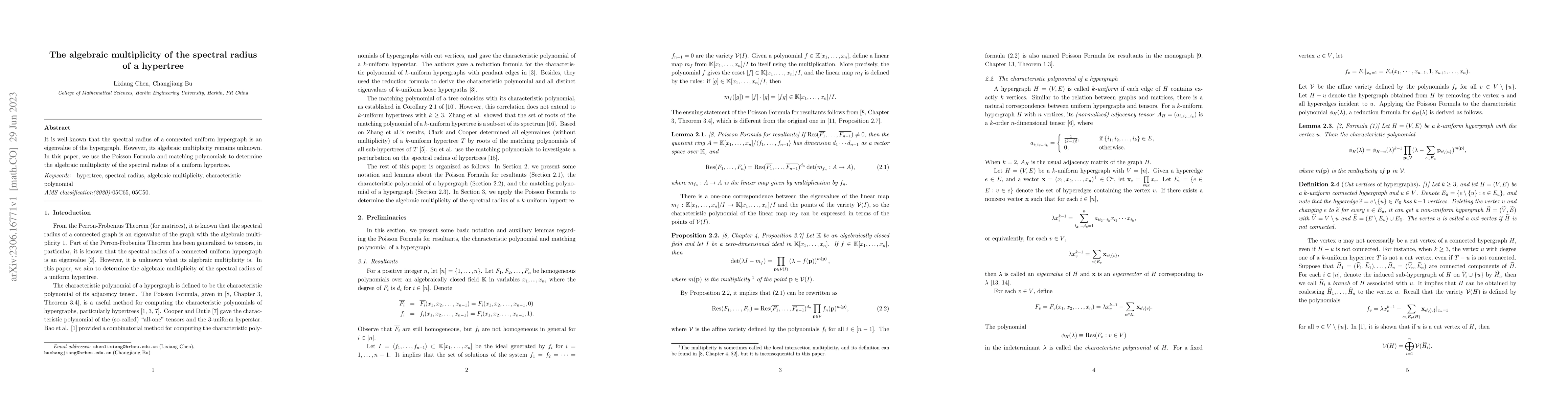 Thumbnail for The algebraic multiplicity of the spectral radius of a hypertree