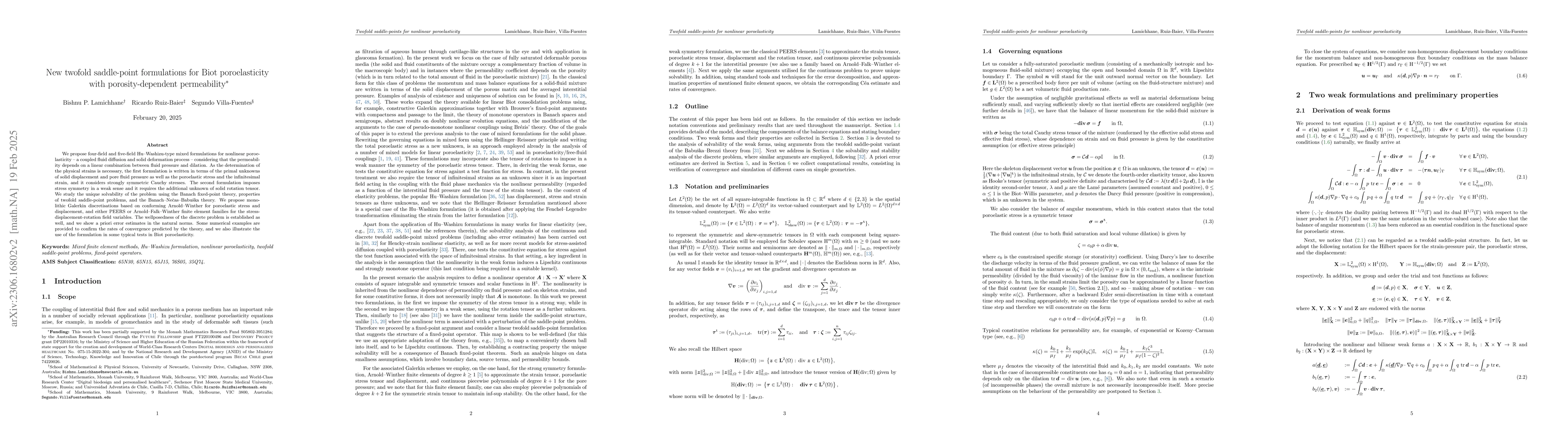Thumbnail for New twofold saddle-point formulations for Biot poroelasticity with
  porosity-dependent permeability