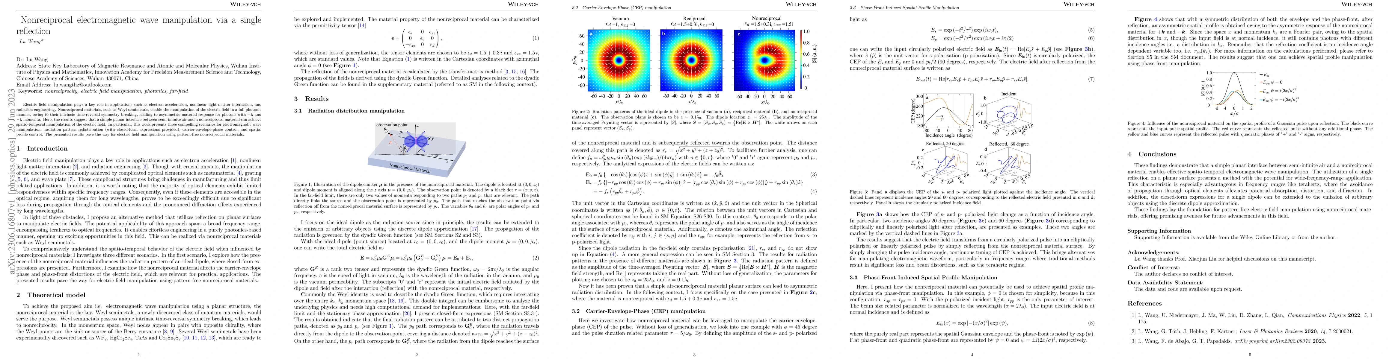 Thumbnail for Nonreciprocal electromagnetic wave manipulation via a single reflection