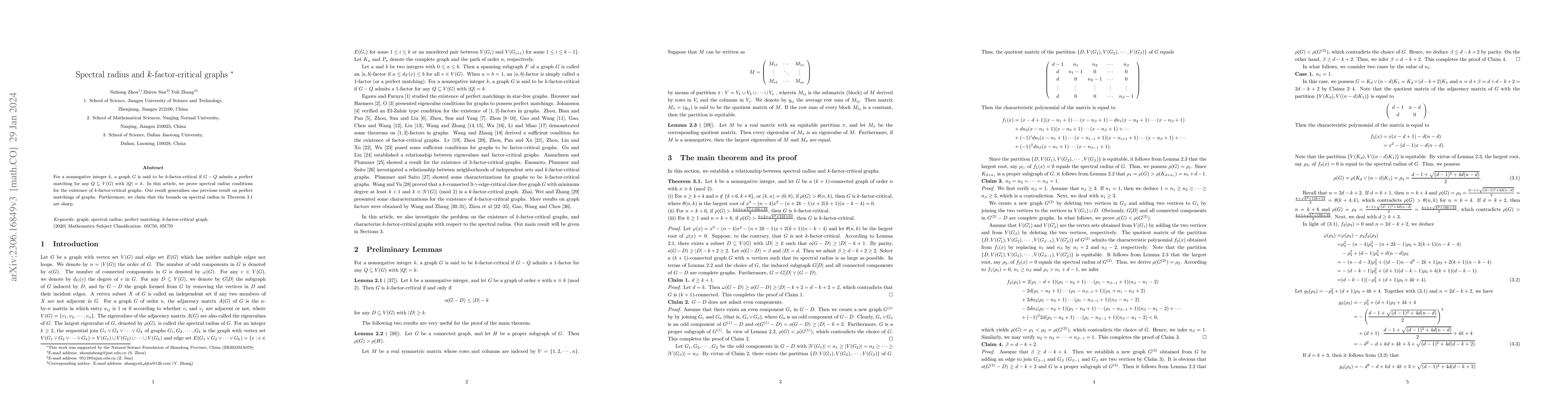 Thumbnail for Spectral radius and k-factor-critical graphs