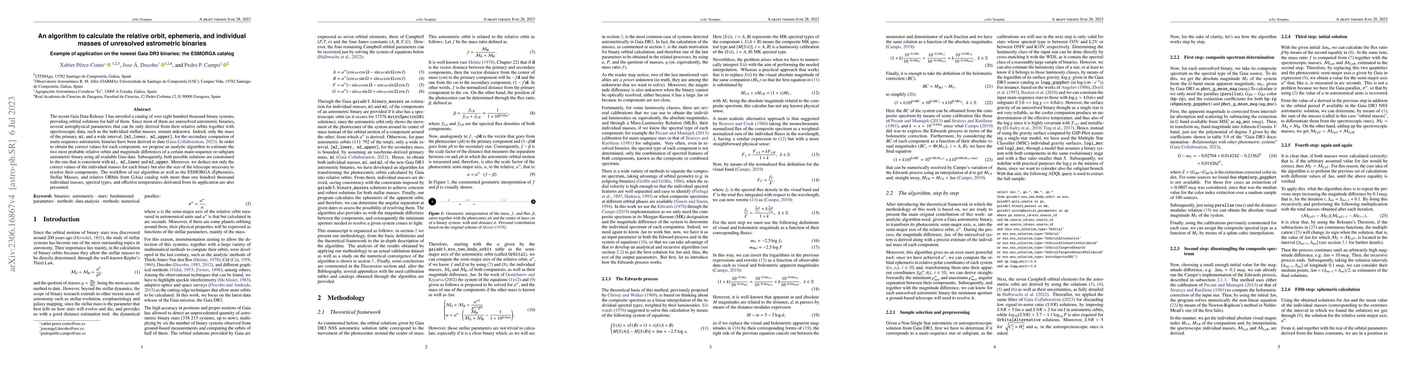 Thumbnail for An algorithm to calculate the relative orbit, ephemeris, and individual
  masses of unresolved astrometric binaries. Example of application on the
  newest Gaia DR3 binaries: the ESMORGA catalog