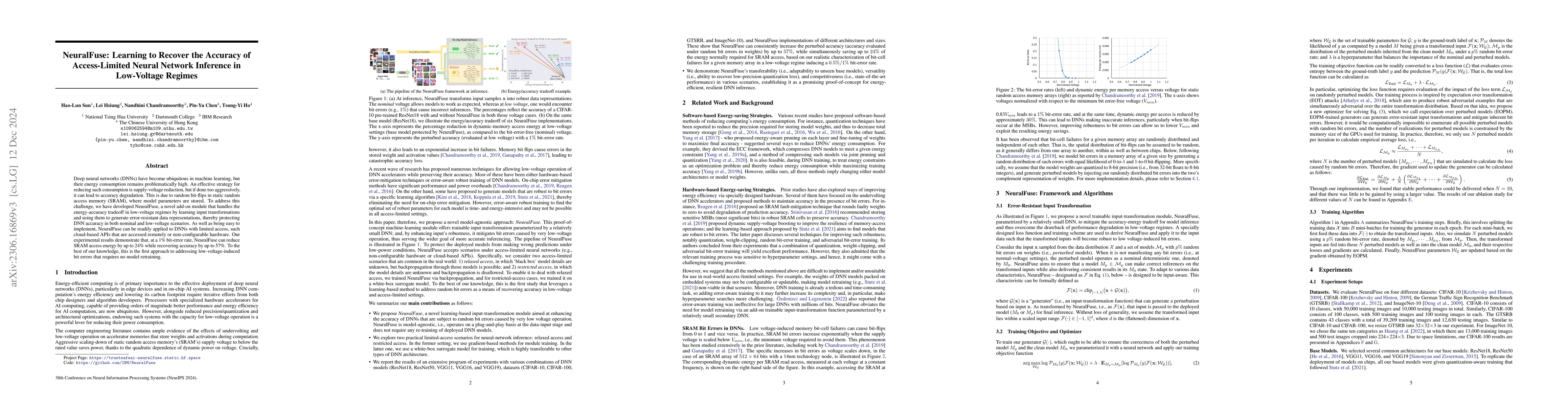 Thumbnail for NeuralFuse: Learning to Recover the Accuracy of Access-Limited Neural
  Network Inference in Low-Voltage Regimes