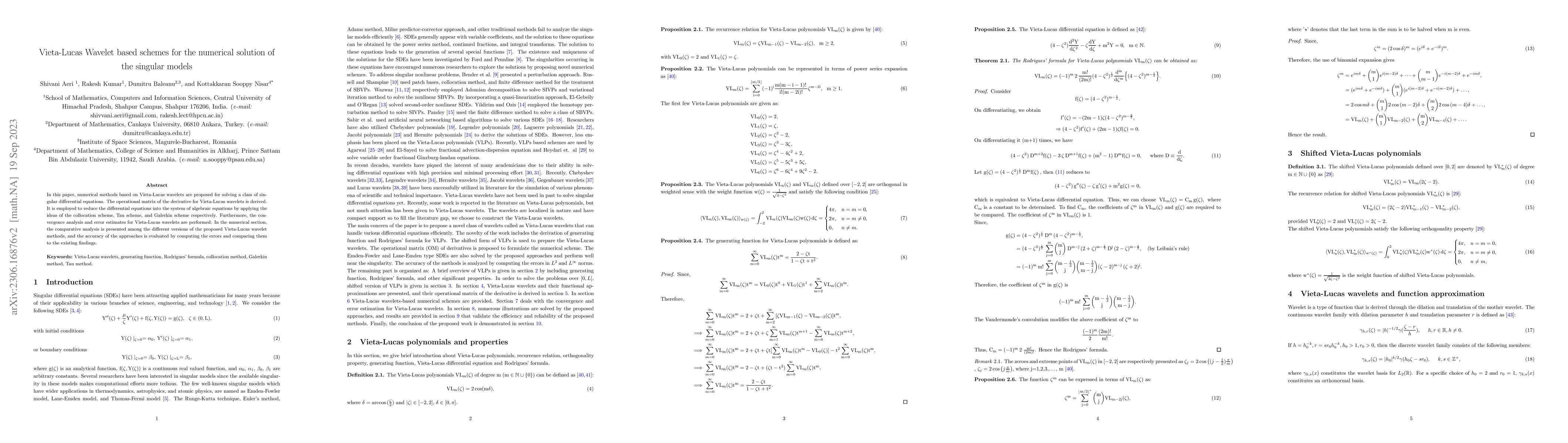 Thumbnail for Vieta-Lucas Wavelet based schemes for the numerical solution of the
  singular models