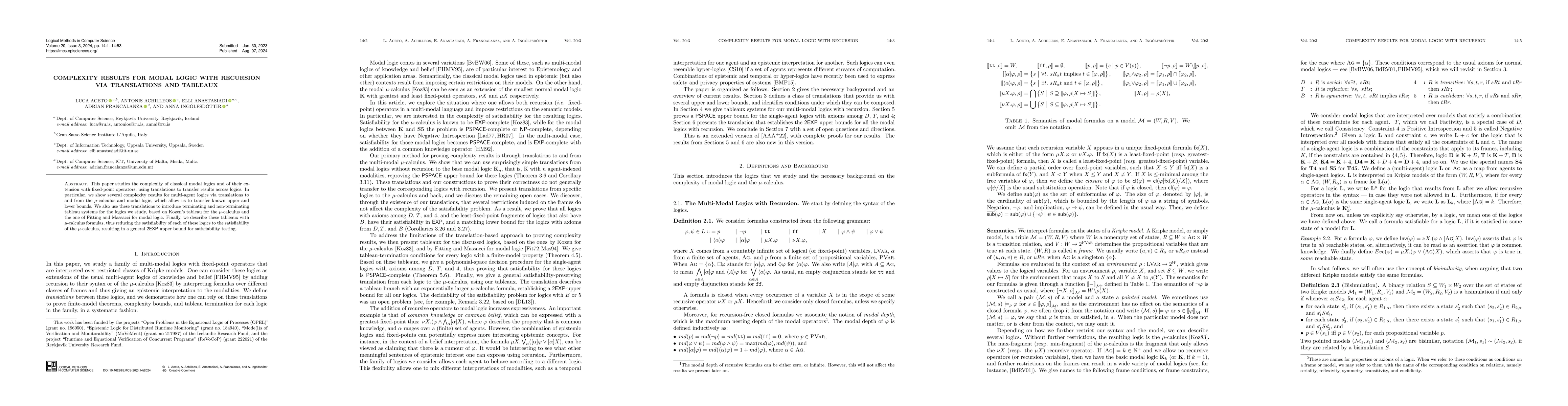 Thumbnail for Complexity results for modal logic with recursion via translations and
  tableaux