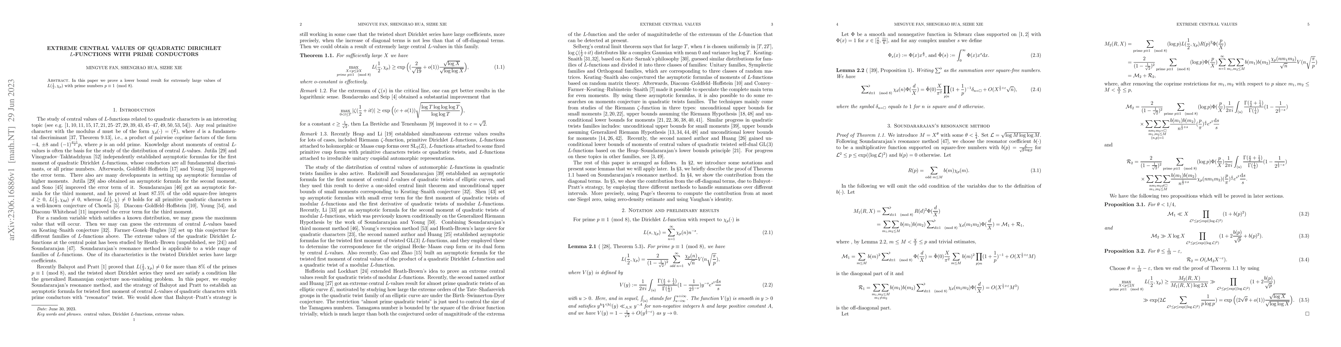 Thumbnail for Extreme central values of quadratic Dirichlet $L$-functions with prime
  conductors
