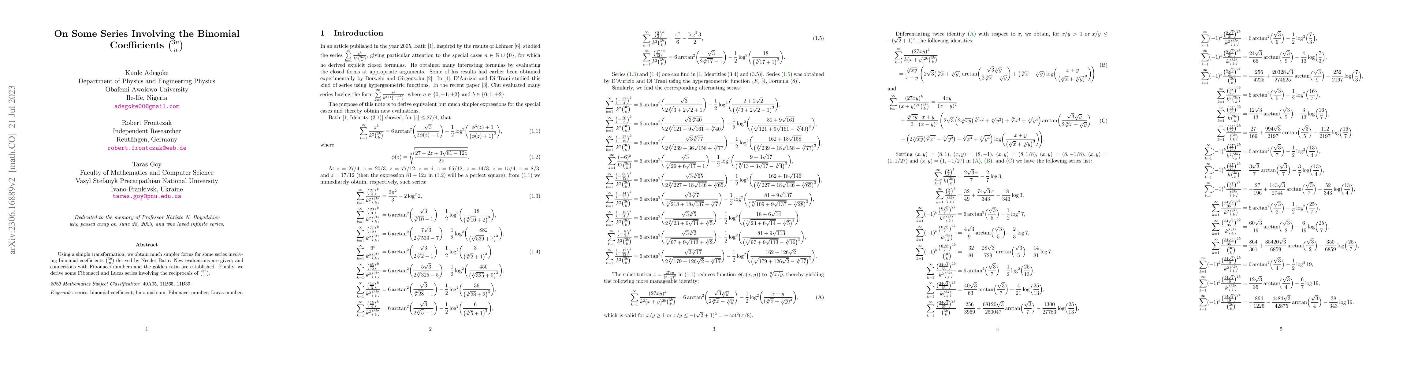Thumbnail for On some series involving the binomial coefficients $\binom{3n}{n}$