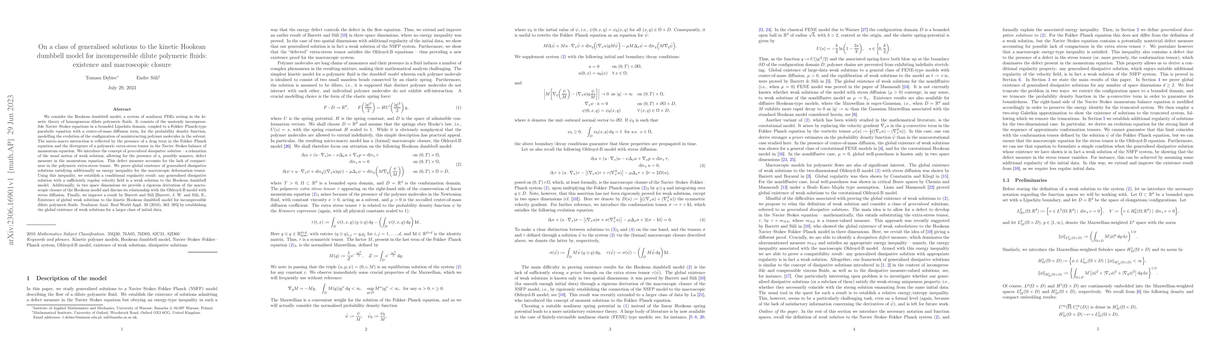 Thumbnail for On a class of generalised solutions to the kinetic Hookean dumbbell
  model for incompressible dilute polymeric fluids: existence and macroscopic
  closure