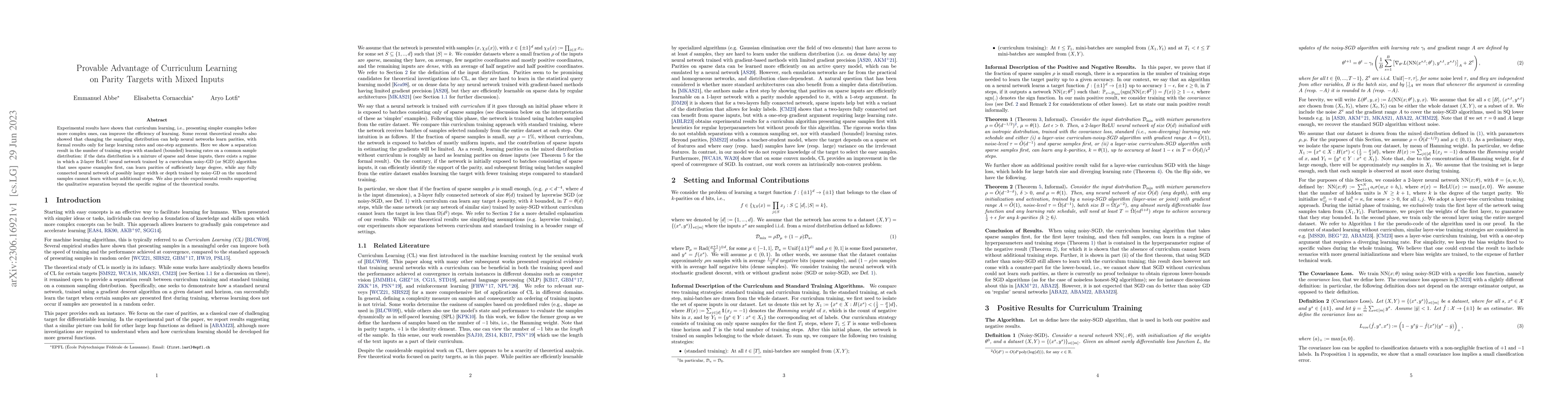 Thumbnail for Provable Advantage of Curriculum Learning on Parity Targets with Mixed
  Inputs