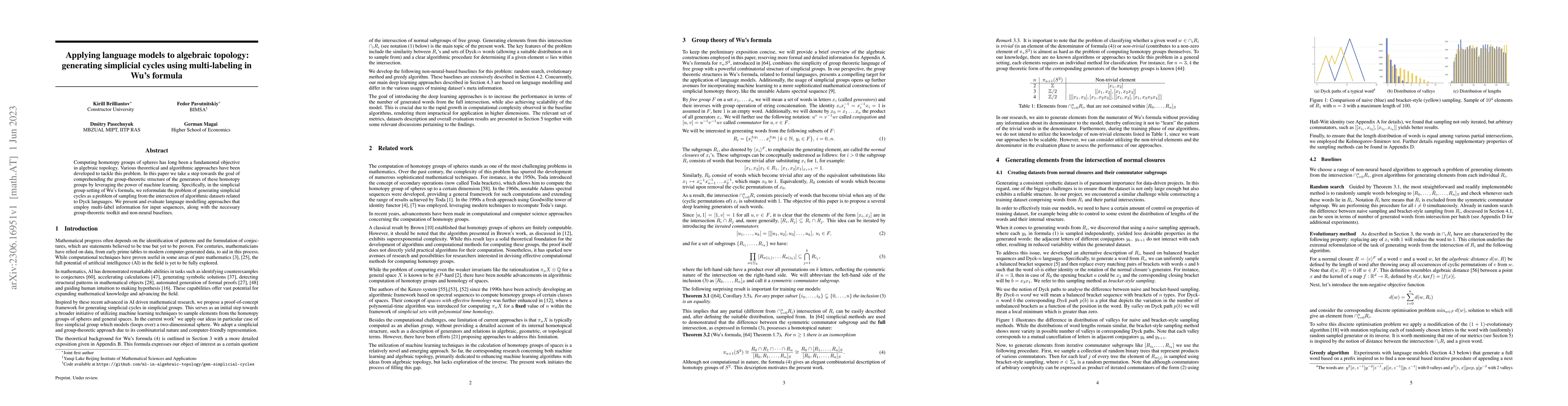 Thumbnail for Applying language models to algebraic topology: generating simplicial
  cycles using multi-labeling in Wu's formula