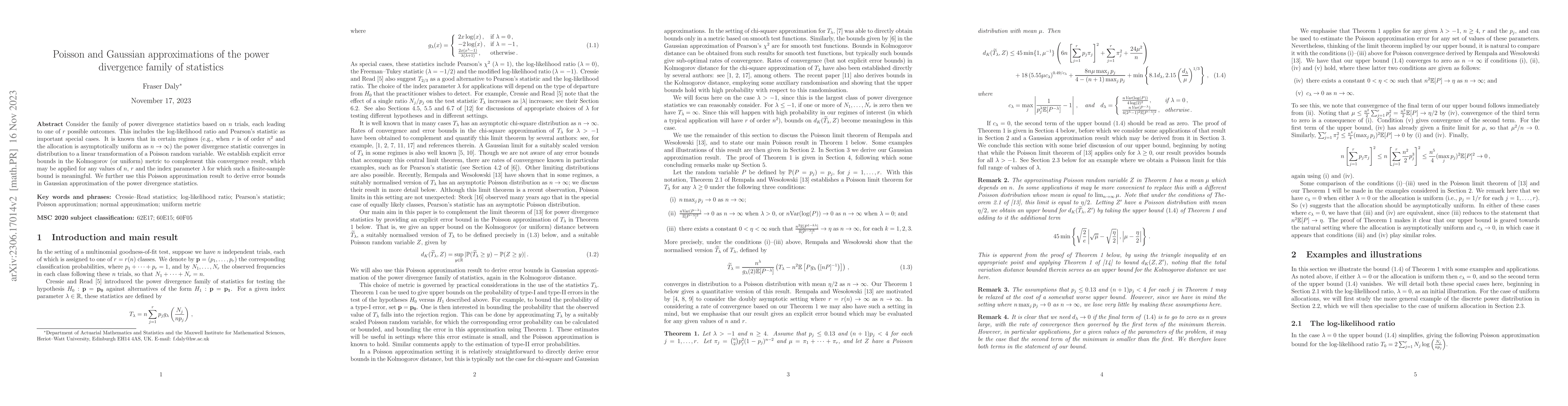 Thumbnail for Poisson and Gaussian approximations of the power divergence family of
  statistics