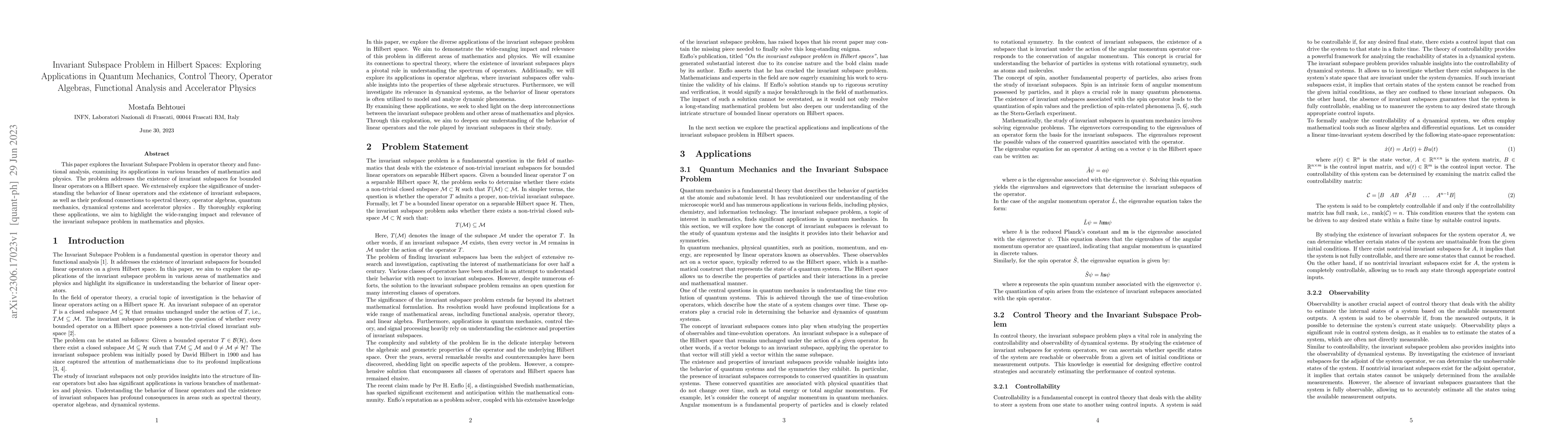 Thumbnail for Invariant Subspace Problem in Hilbert Spaces: Exploring Applications in
  Quantum Mechanics, Control Theory, Operator Algebras, Functional Analysis and
  Accelerator Physics