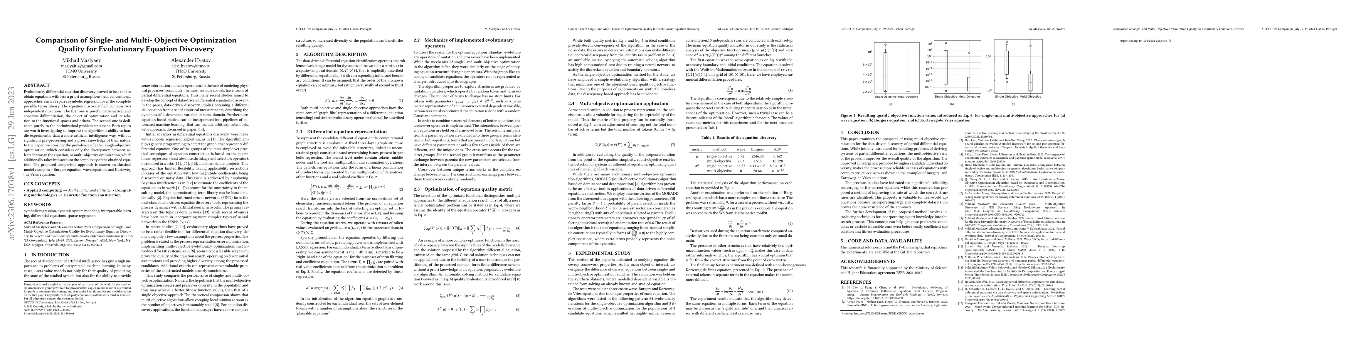 Thumbnail for Comparison of Single- and Multi- Objective Optimization Quality for
  Evolutionary Equation Discovery
