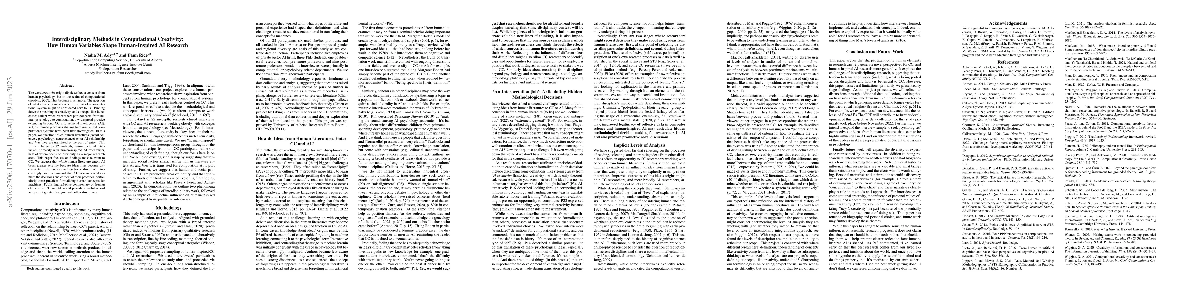 Thumbnail for Interdisciplinary Methods in Computational Creativity: How Human
  Variables Shape Human-Inspired AI Research
