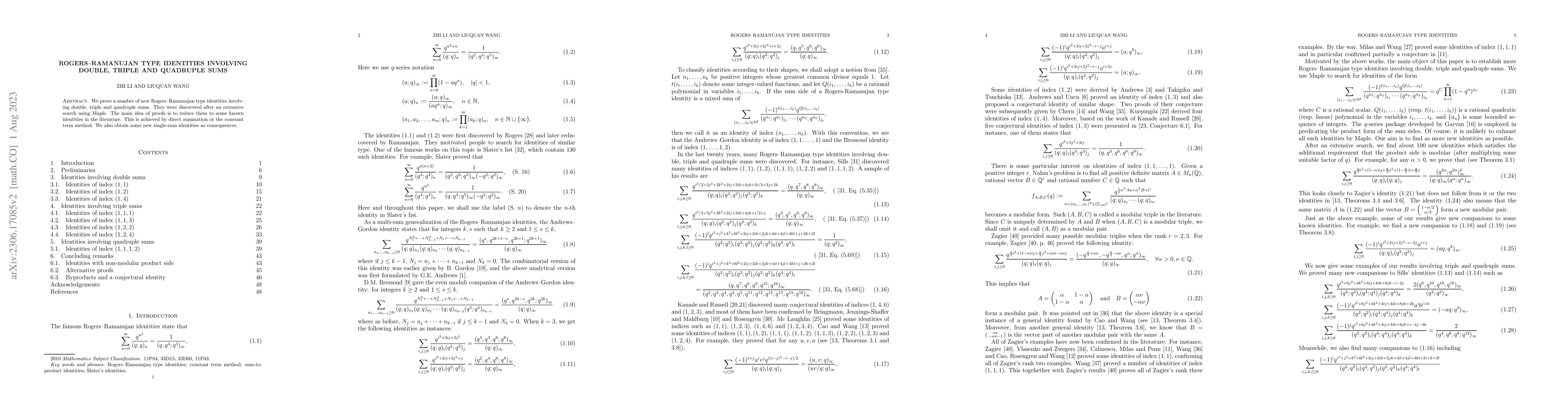 Thumbnail for Rogers-Ramanujan type identities involving double, triple and quadruple
  sums