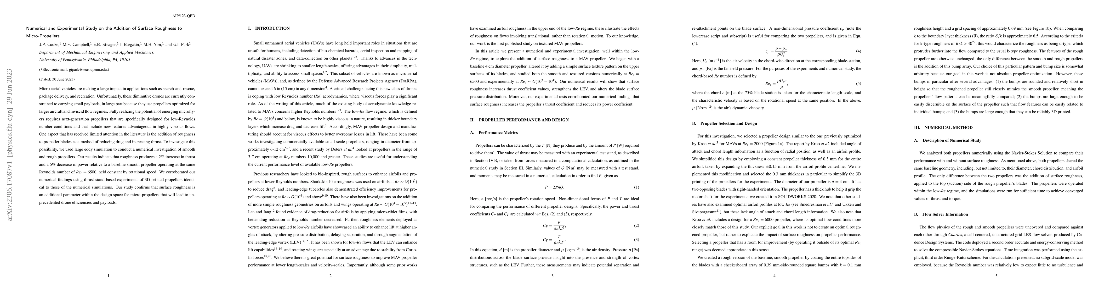 Thumbnail for Numerical and Experimental Study on the Addition of Surface Roughness to
  Micro-Propellers