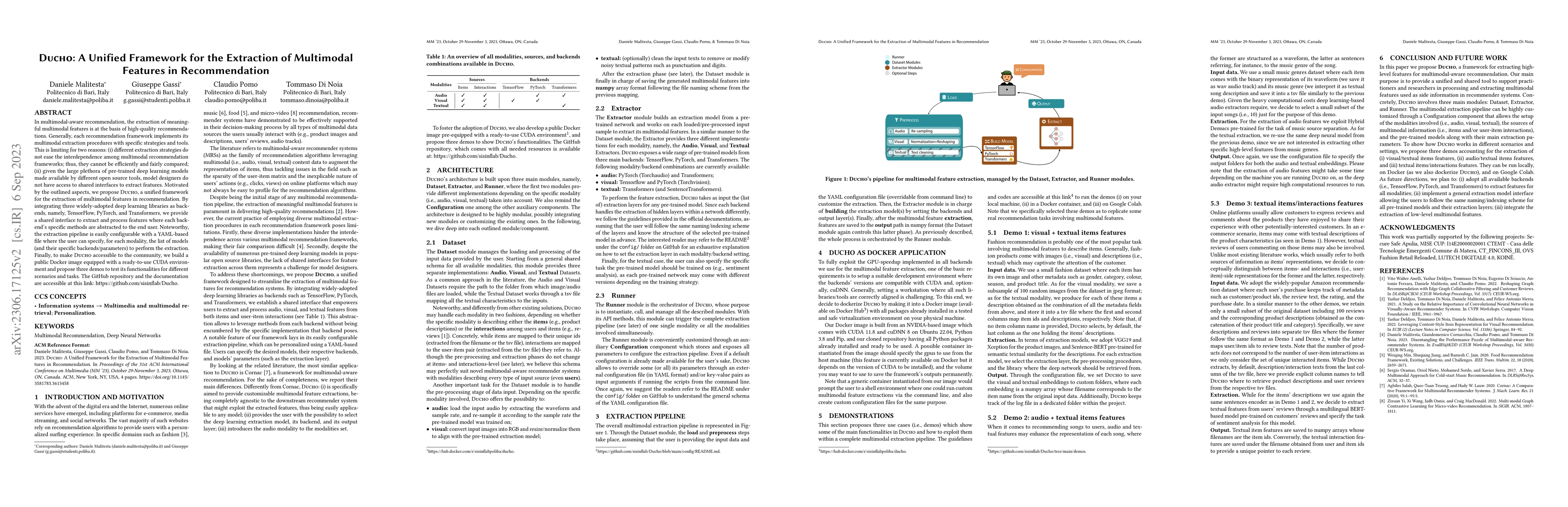Thumbnail for Ducho: A Unified Framework for the Extraction of Multimodal Features in
  Recommendation