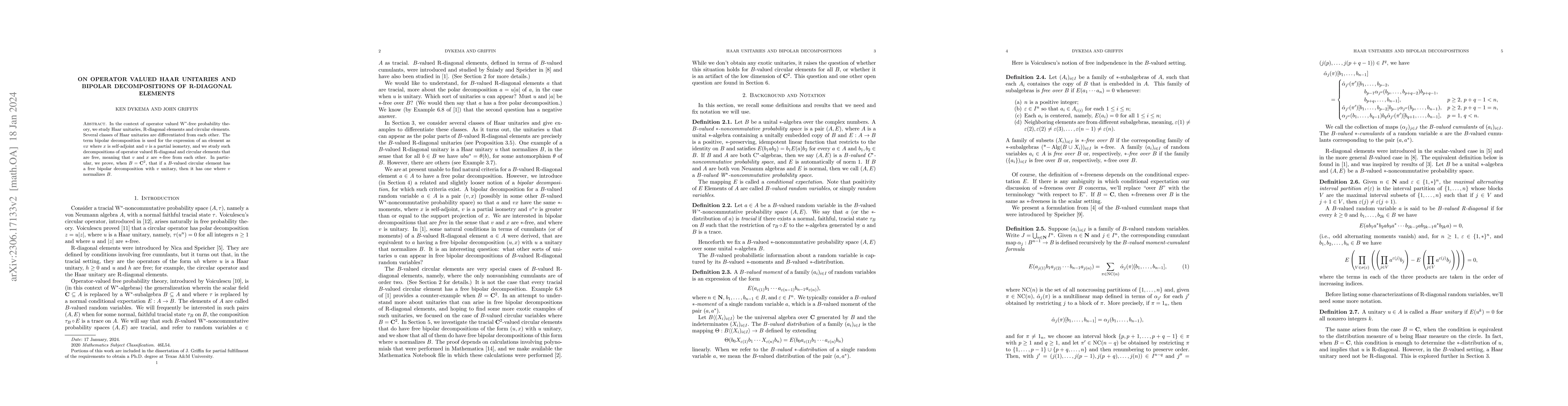 Thumbnail for On operator valued Haar unitaries and bipolar decompositions of
  R-diagonal elements