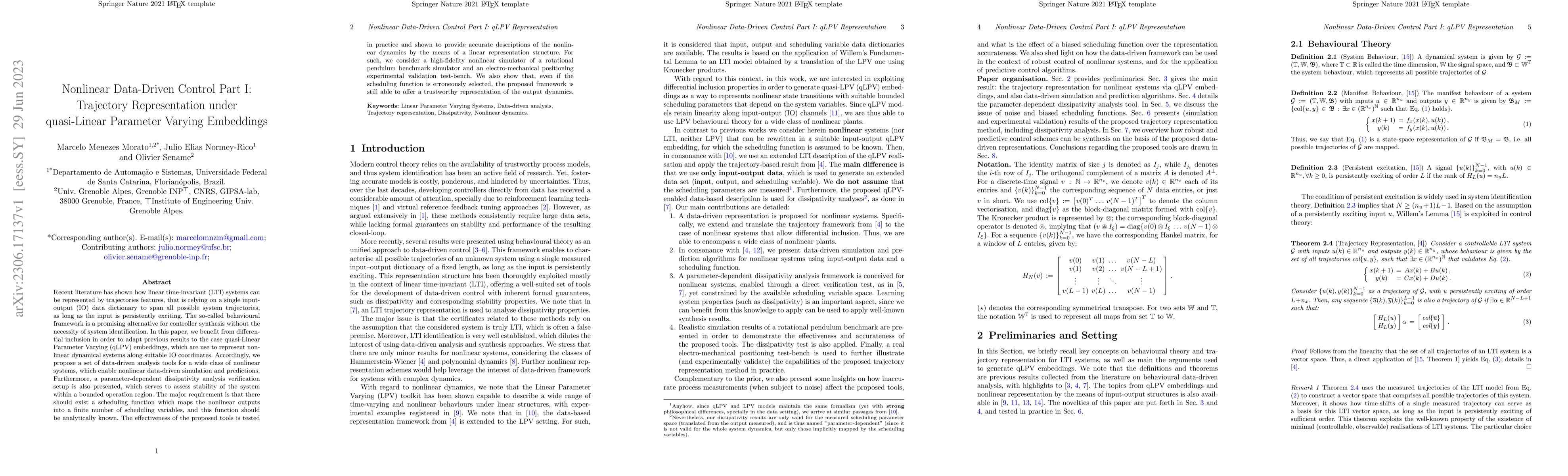 Thumbnail for Nonlinear Data-Driven Control Part I: Trajectory Representation under
  quasi-Linear Parameter Varying Embeddings