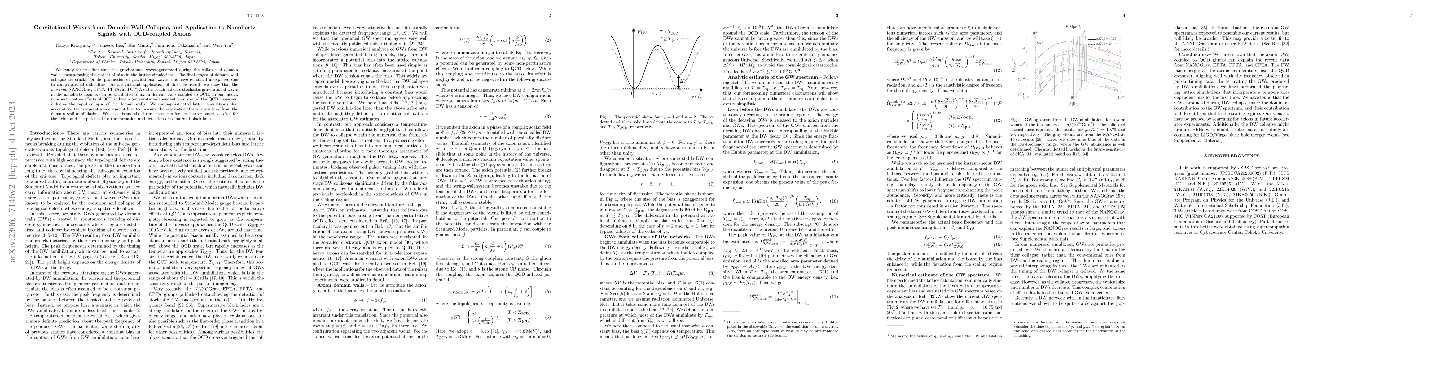 Thumbnail for Gravitational Waves from Domain Wall Collapse, and Application to
  Nanohertz Signals with QCD-coupled Axions
