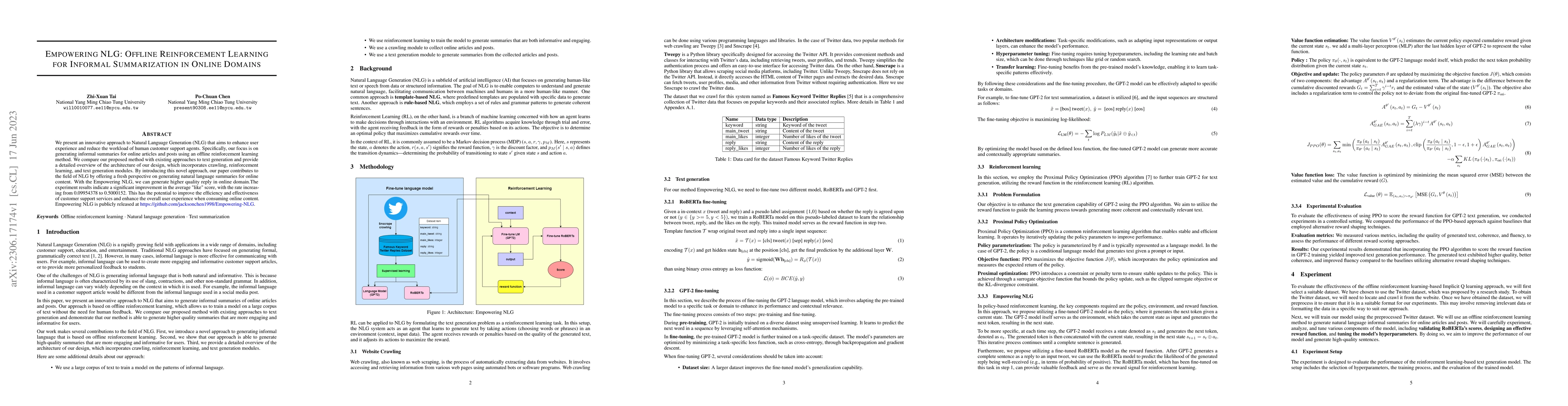 Thumbnail for Empowering NLG: Offline Reinforcement Learning for Informal
  Summarization in Online Domains