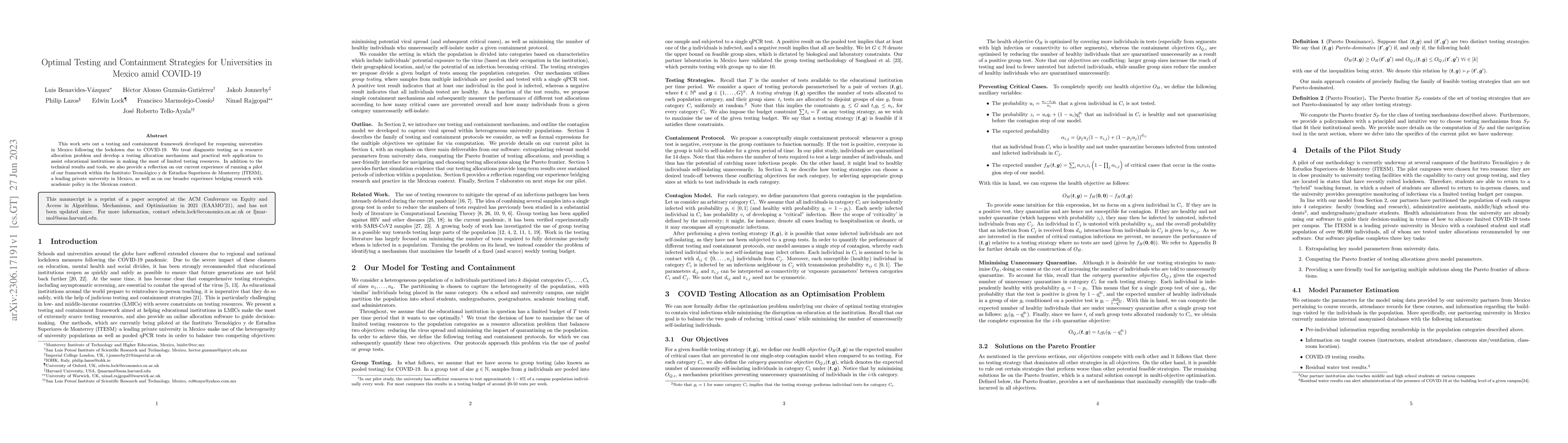 Thumbnail for Optimal Testing and Containment Strategies for Universities in Mexico
  amid COVID-19