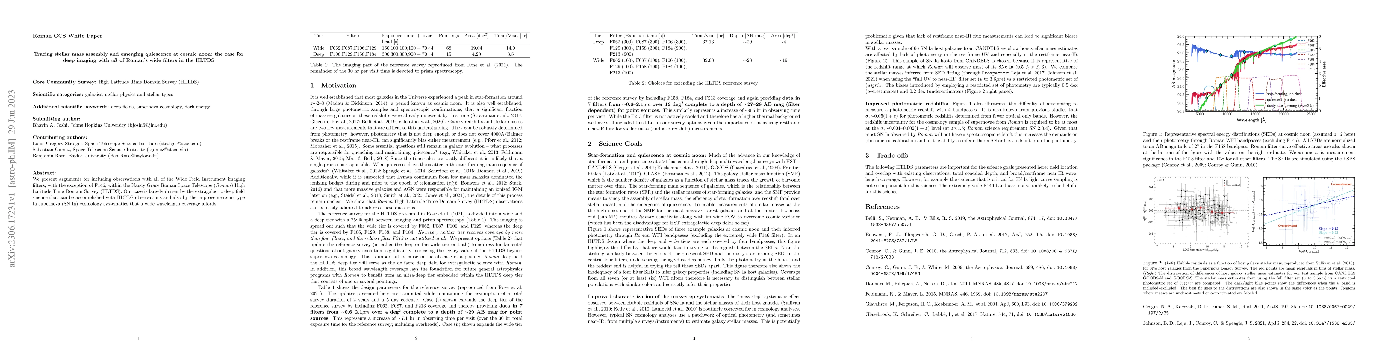 Thumbnail for Roman CCS White Paper: Tracing stellar mass assembly and emerging
  quiescence at cosmic noon -- the case for deep imaging with all of Roman's
  wide filters in the HLTDS