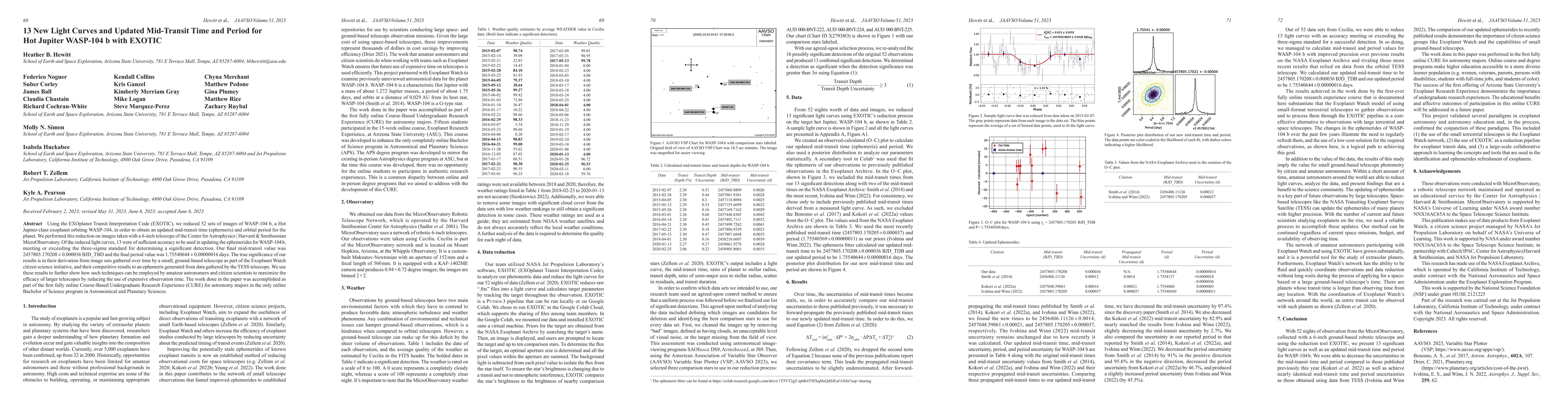 Thumbnail for 13 New Light Curves and Updated Mid-Transit Time and Period for Hot
  Jupiter WASP-104 b with EXOTIC