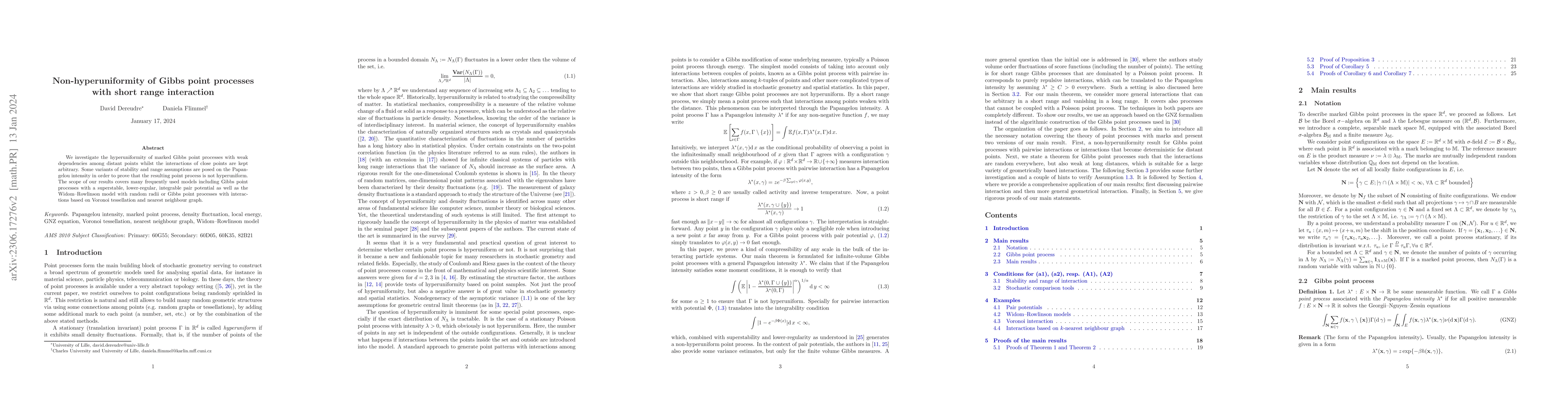 Thumbnail for Non-hyperuniformity of Gibbs point processes with short range
  interaction