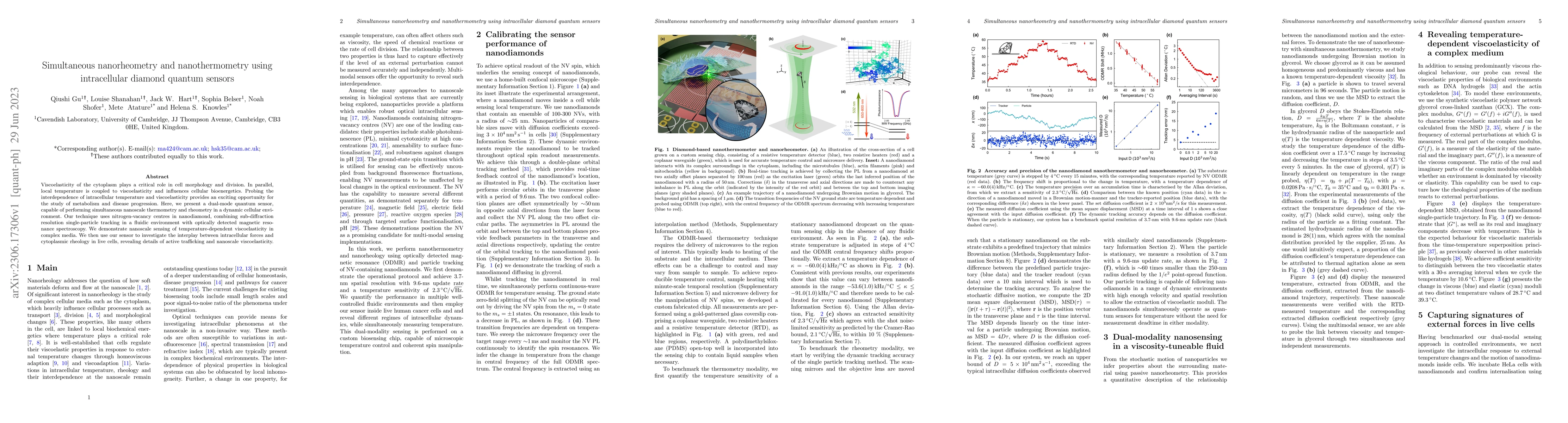 Thumbnail for Simultaneous nanorheometry and nanothermometry using intracellular
  diamond quantum sensors