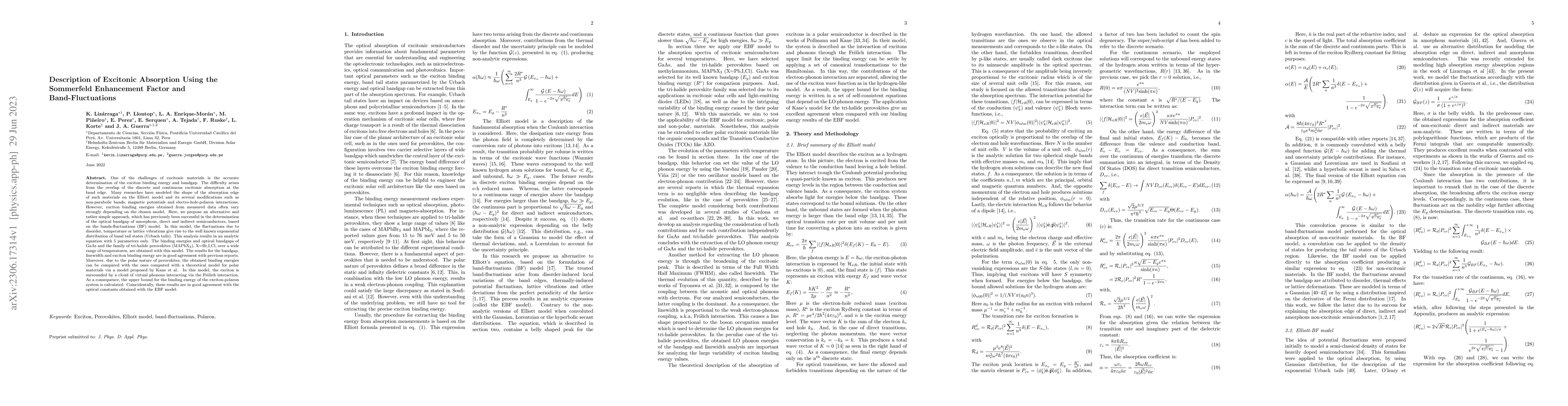 Thumbnail for Description of Excitonic Absorption Using the Sommerfeld Enhancement
  Factor and Band-Fluctuations