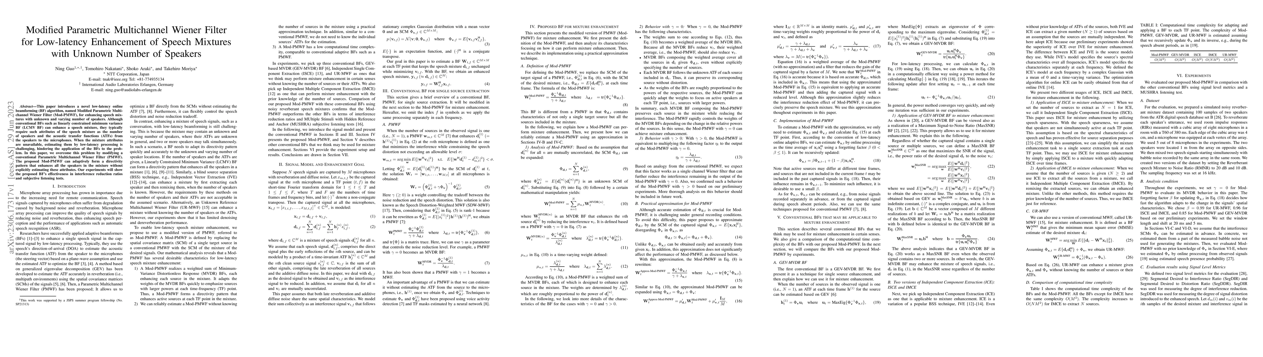 Thumbnail for Modified Parametric Multichannel Wiener Filter \\for Low-latency
  Enhancement of Speech Mixtures with Unknown Number of Speakers