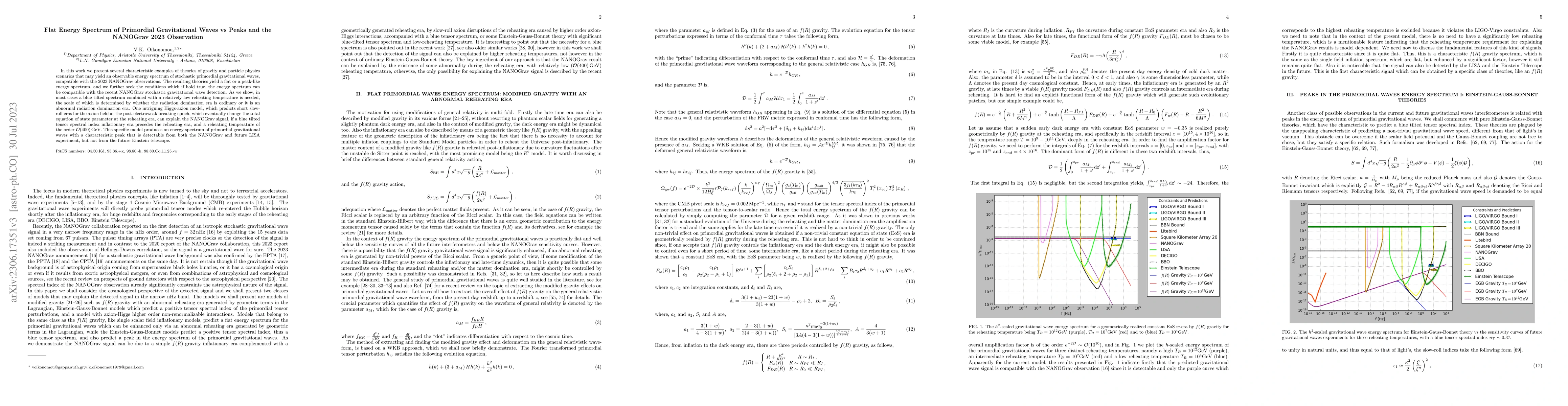 Thumbnail for Flat Energy Spectrum of Primordial Gravitational Waves vs Peaks and the
  NANOGrav 2023 Observation