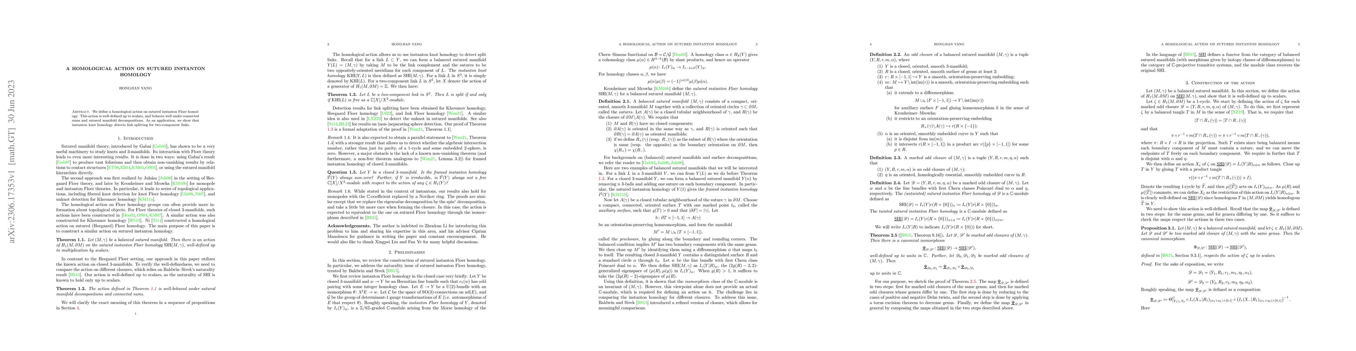 Thumbnail for A homological action on sutured instanton homology