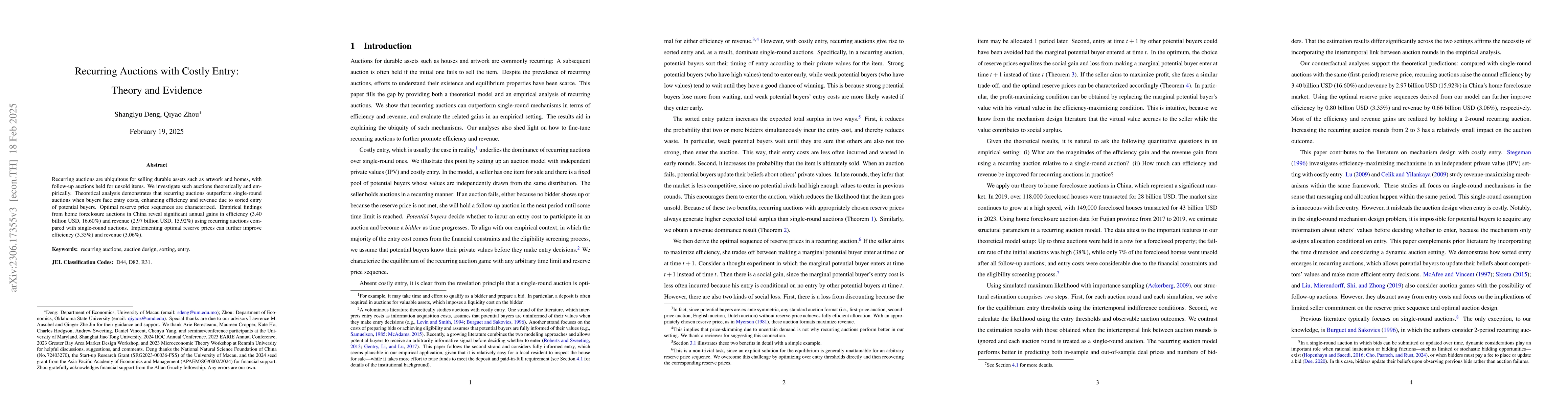 Thumbnail for Recurring Auctions with Costly Entry: Theory and Evidence