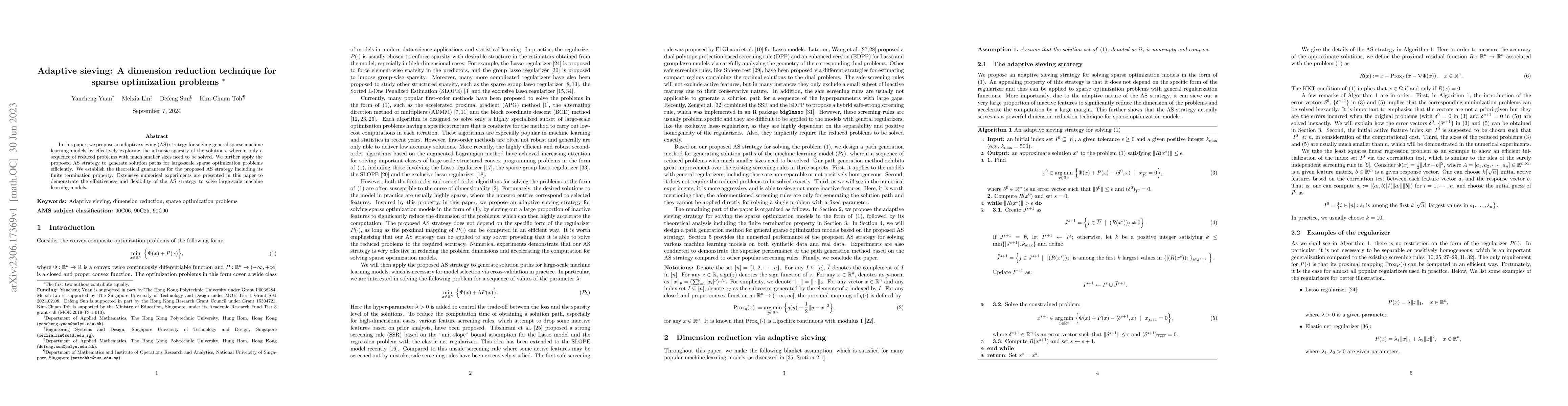 Thumbnail for Adaptive sieving: A dimension reduction technique for sparse
  optimization problems