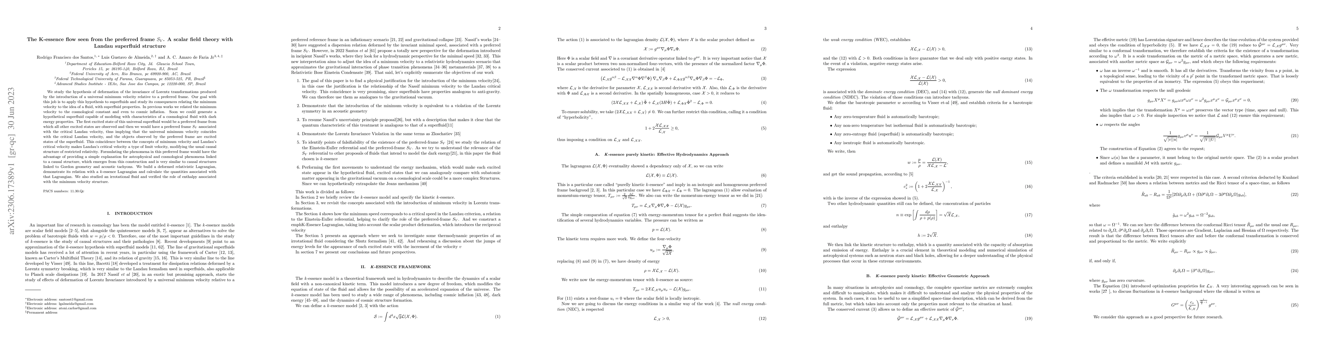 Thumbnail for The K-essence flow seen from the preferred frame $S_{V}$. A scalar field
  theory with Landau superfluid structure